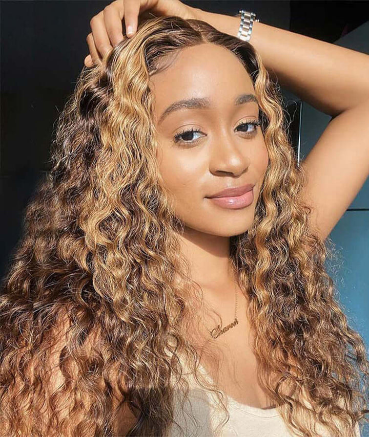 Honey Blond Highlight Piano Color Water Wave Lace Frontal Wig - EVERGLOW HAIR