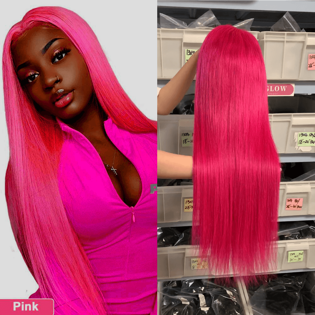 Rose Pink Color Straight 13x4 Lace Frontal Wig EverGlow Human Hair