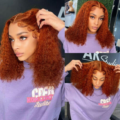 Short Fashion Orange Ginger Curly Bob 13x4 Lace Frontal Colored Wig EverGlow Human Hair #350