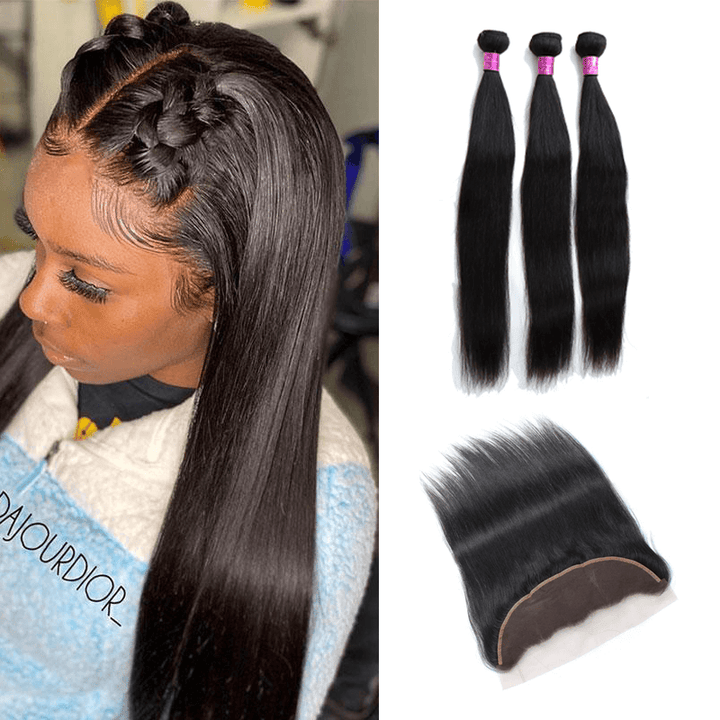 Straight 3 Bundles with 13*4 Lace Frontal Brazilian Unprocessed Virgin Human Hair 10A Grade - EVERGLOW HAIR