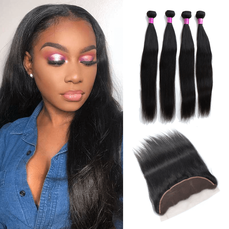 Straight 4 Bundles with 13*4 Lace Frontal Brazilian Unprocessed Virgin Human Hair 10A Grade - EVERGLOW HAIR